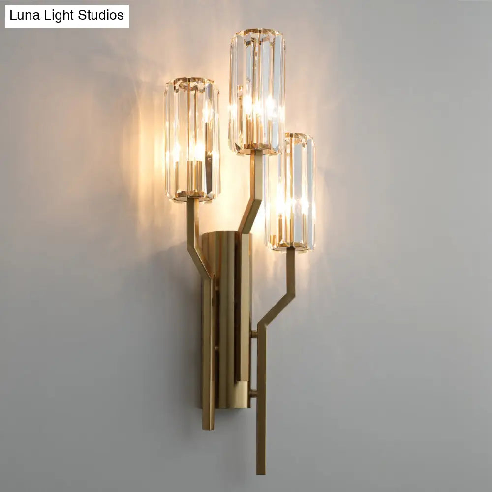 DecorBites™ Modern Gold Metal Wall Sconce with Crystal Cylindrical Shade – 3 Bulb Crooked Arm Wall Lamp