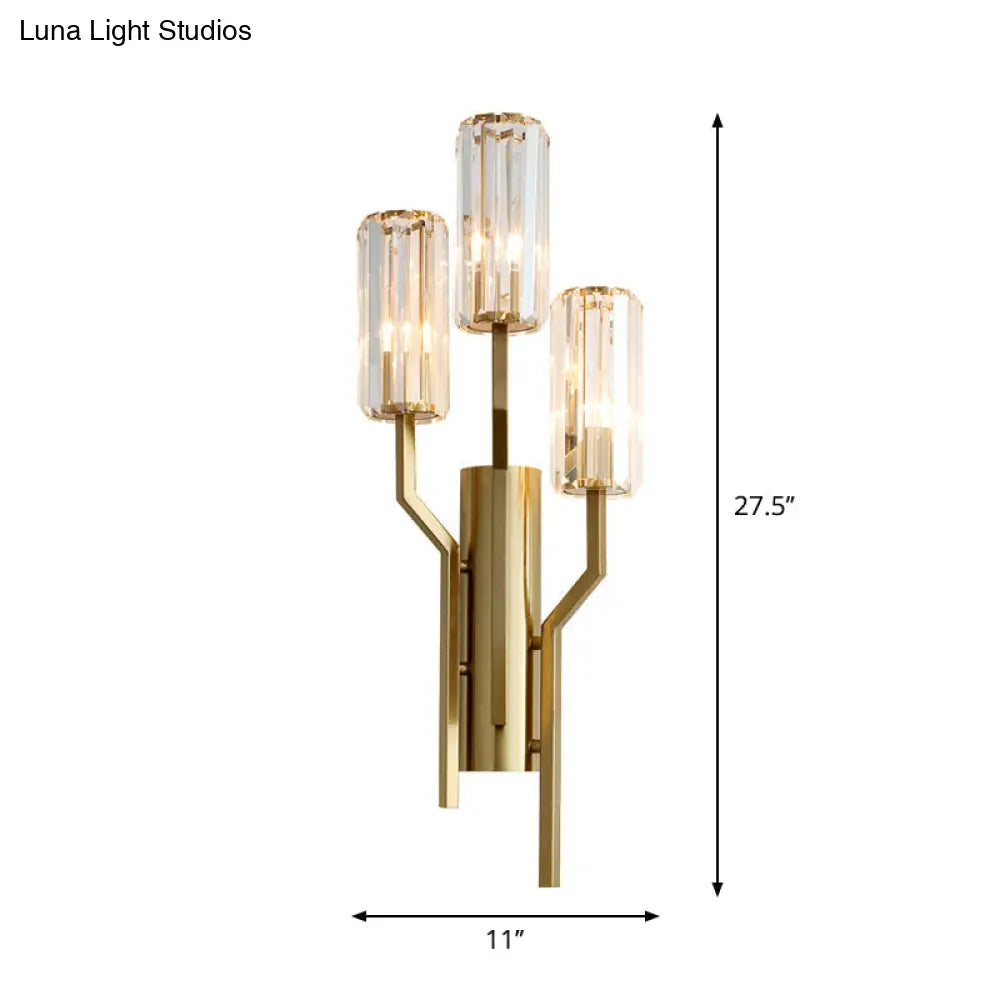 DecorBites™ Modern Gold Metal Wall Sconce with Crystal Cylindrical Shade – 3 Bulb Crooked Arm Wall Lamp