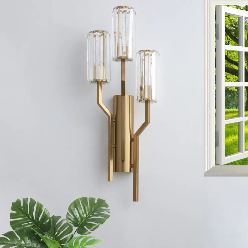 DecorBites™ Modern Gold Metal Wall Sconce with Crystal Cylindrical Shade – 3 Bulb Crooked Arm Wall Lamp