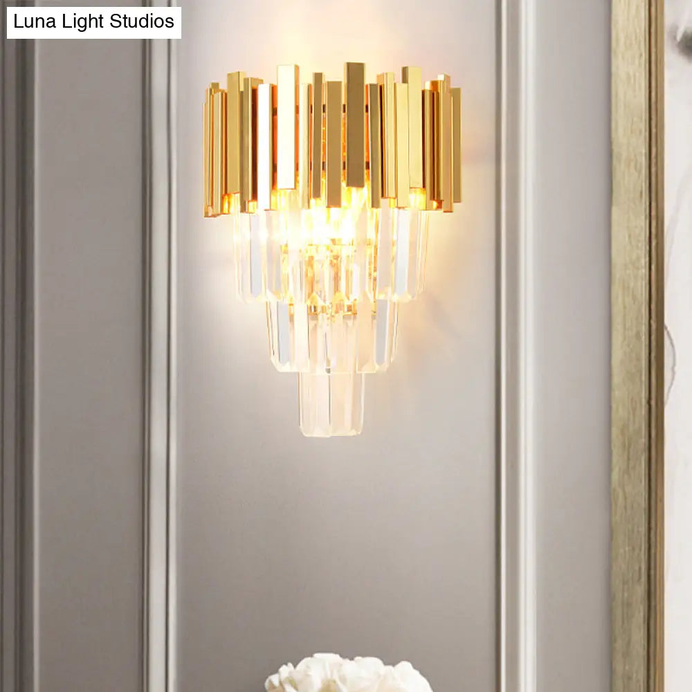 DecorBites™ Modern Gold Sconce Light - 4 Layer Wall Fixture with Tri-Sided Crystal Rods and 2 Heads