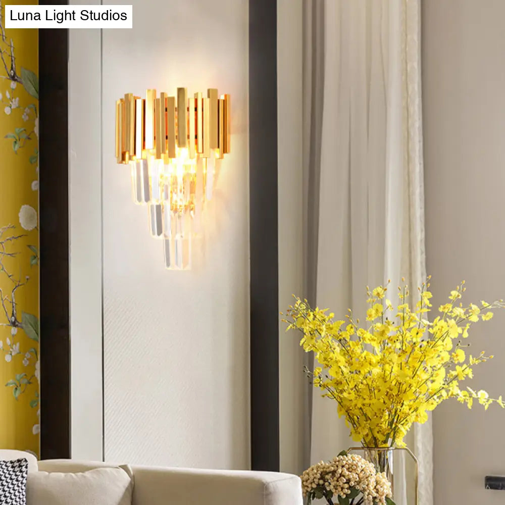 DecorBites™ Modern Gold Sconce Light - 4 Layer Wall Fixture with Tri-Sided Crystal Rods and 2 Heads