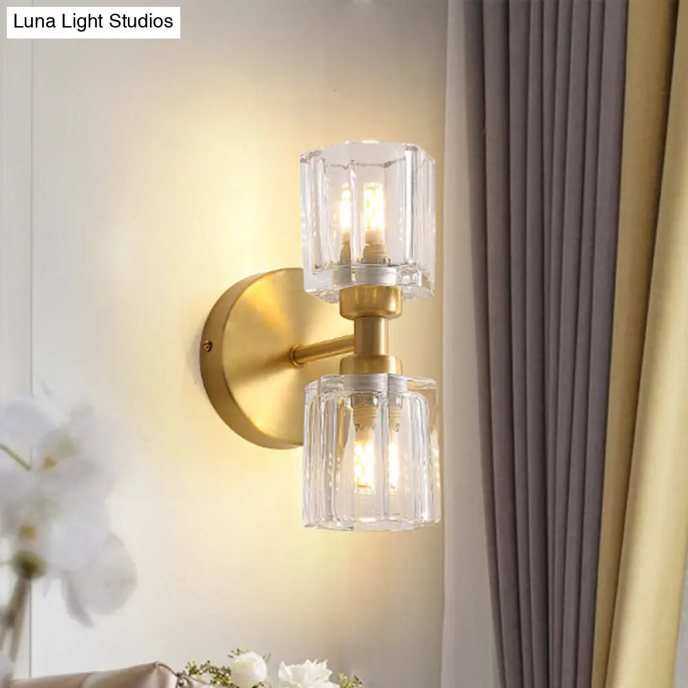 DecorBites™ Modern Gold Wall Sconce Lamp with Clear Crystal, 2 Bulbs - Tapered Living Room Lighting