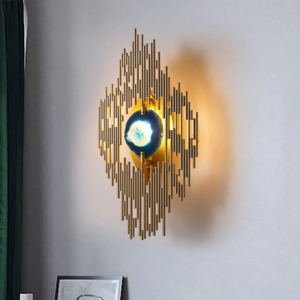 DecorBites™ Modern Gold Wall Sconce with Agate Deco - 1 Light Metallic Rhombus Design for Living Room Lighting
