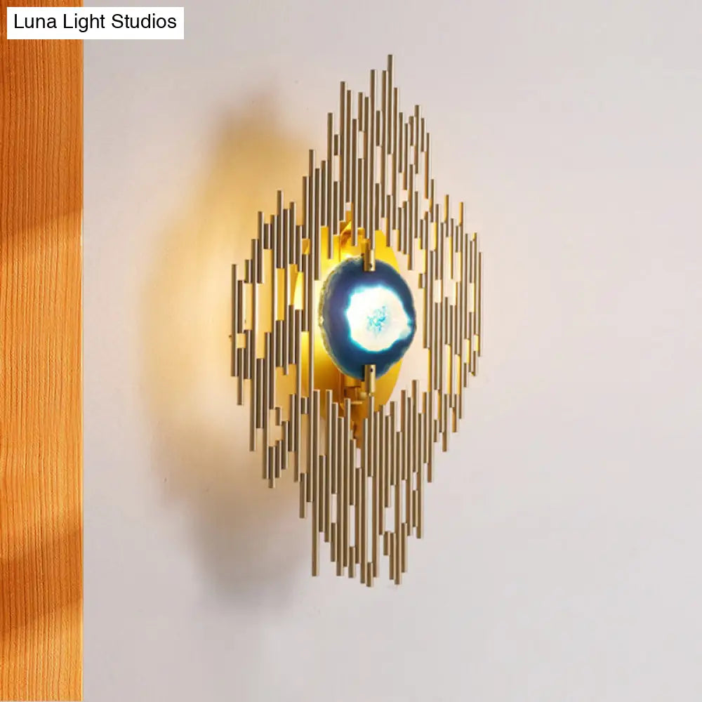 DecorBites™ Modern Gold Wall Sconce with Agate Deco - 1 Light Metallic Rhombus Design for Living Room Lighting