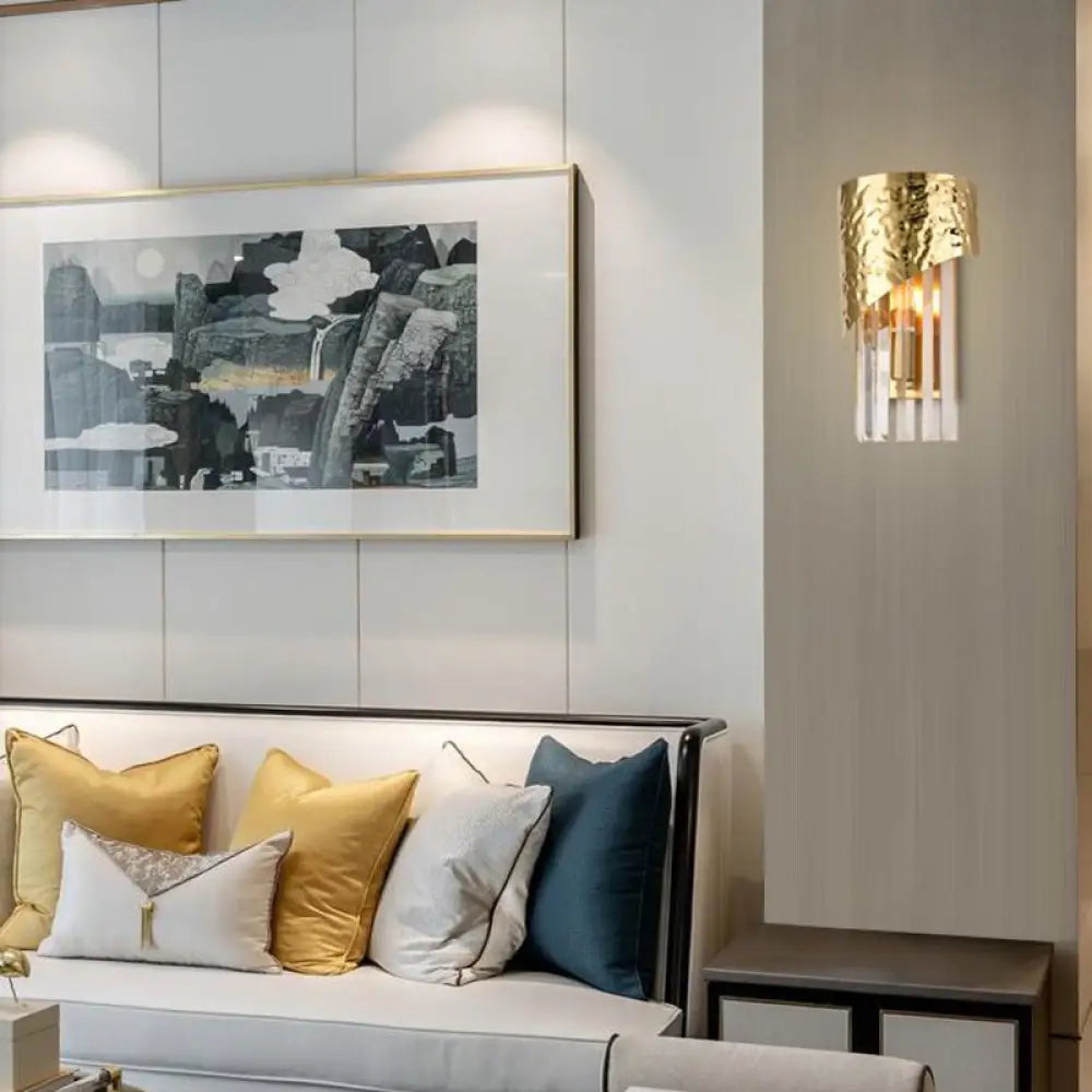 DecorBites™ Modern Golden Metallic Wall Sconce with Crystal Block - Stylish Cylinder Light for Living Room