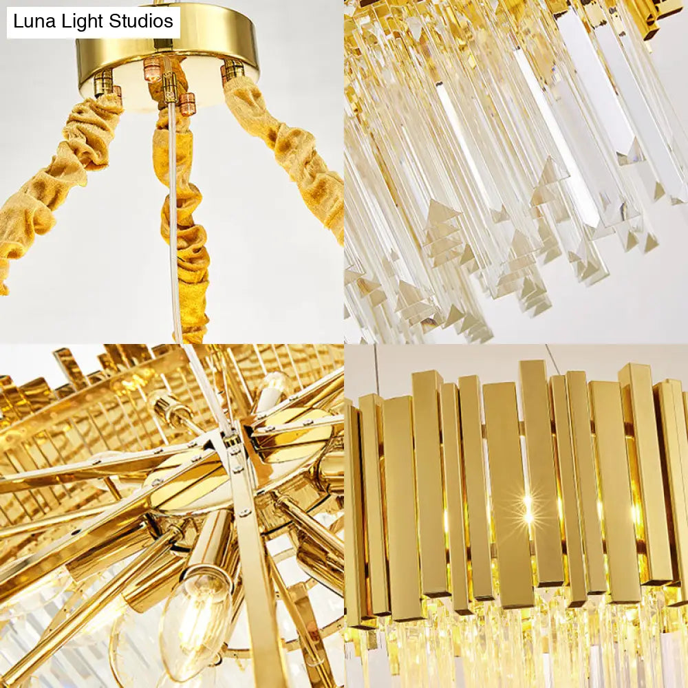 DecorBites™ Modern Layered Metal Chandelier Lamp - 6-Light Golden Hanging Light with Crystal Icicles - 26"/35.5"/39" W