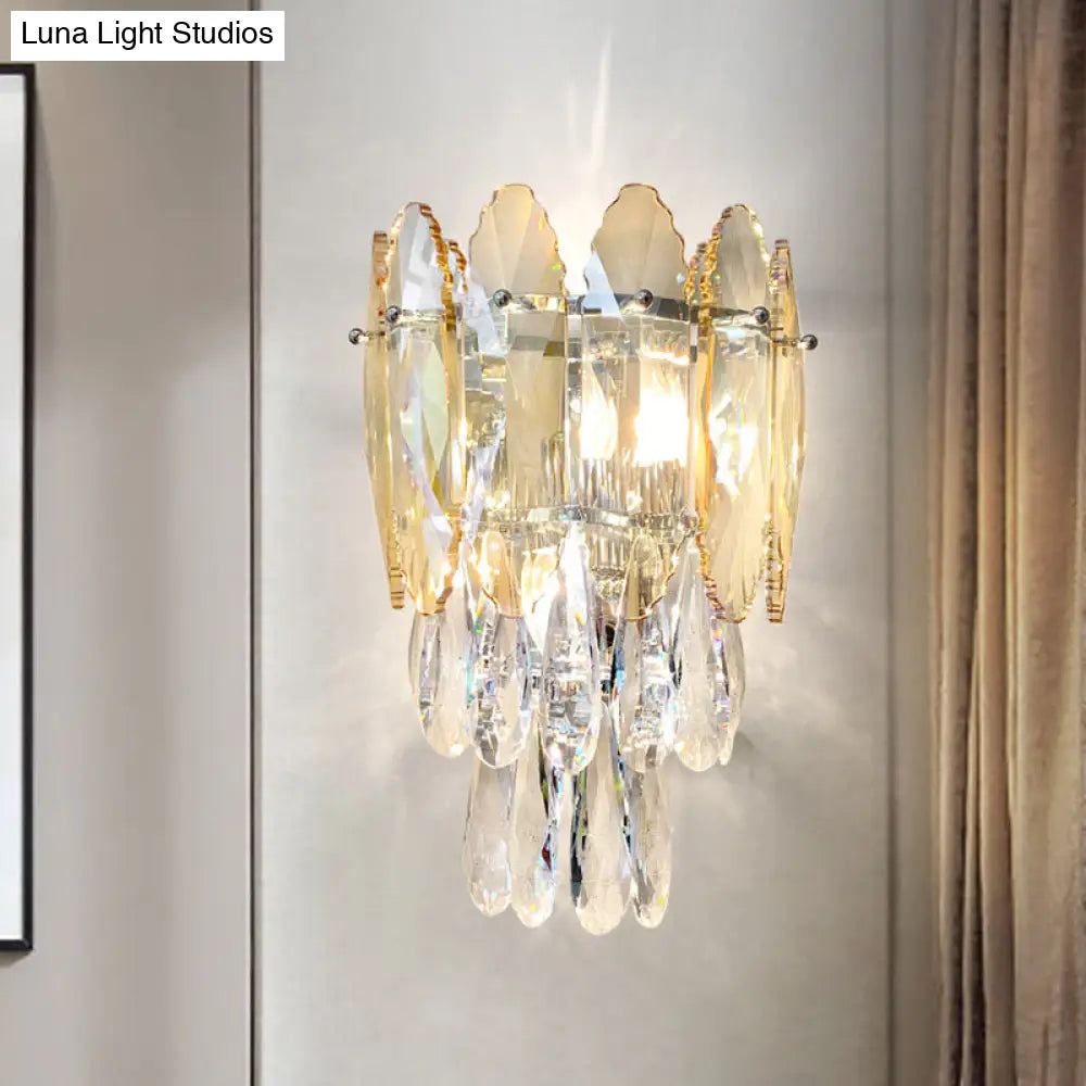 DecorBites™ Modern Layered Wall Lighting – Clear and Champagne/Smoke Gray Crystal Wall Sconce Fixture, 2 Lights