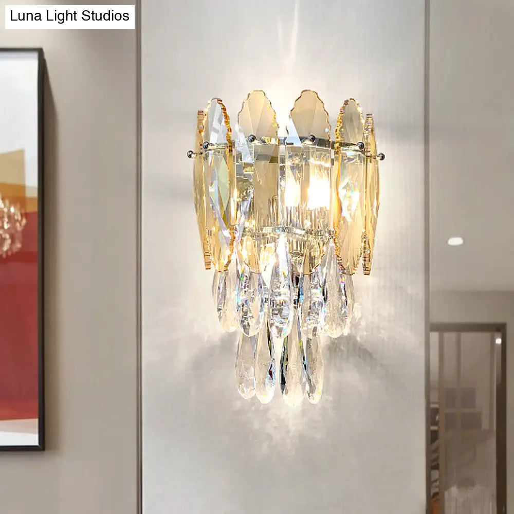 DecorBites™ Modern Layered Wall Lighting – Clear and Champagne/Smoke Gray Crystal Wall Sconce Fixture, 2 Lights