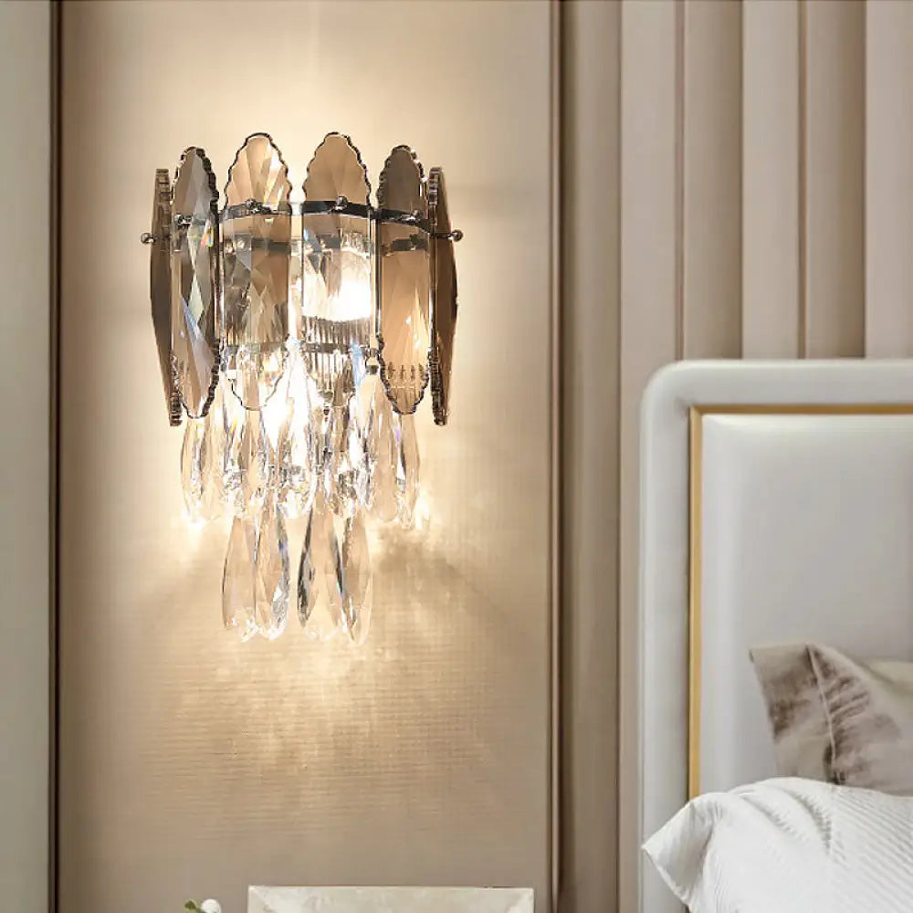 DecorBites™ Modern Layered Wall Lighting – Clear and Champagne/Smoke Gray Crystal Wall Sconce Fixture, 2 Lights