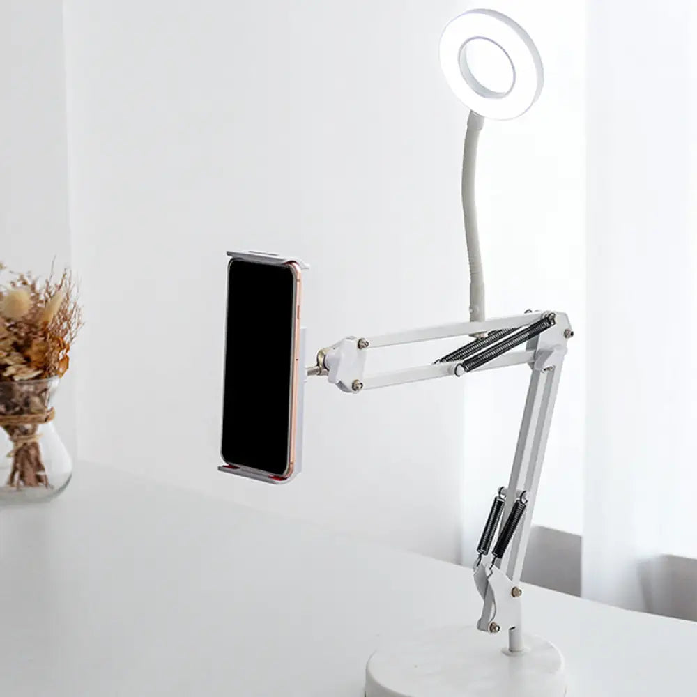 DecorBites™ Modern LED Vanity Lighting with Extendable Arm - White Metal Circle Design with Mobile Phone Support