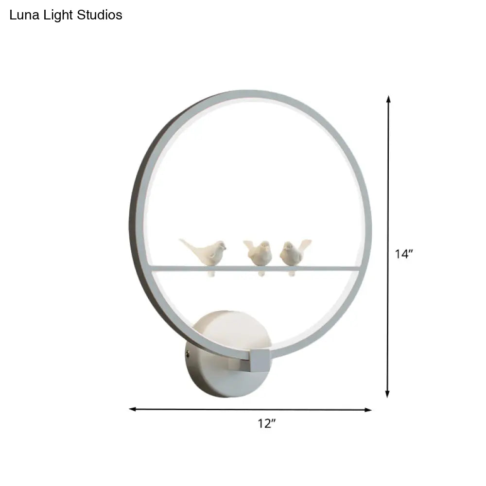 DecorBites™ Modern LED White Circle Sconce Wall Mount Lamp with Birds Decor for Bedroom
