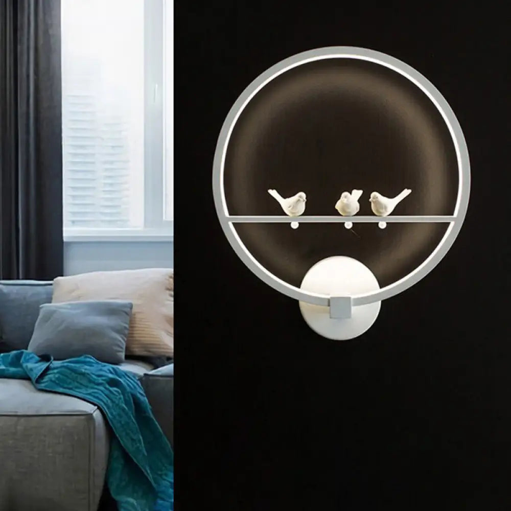 DecorBites™ Modern LED White Circle Sconce Wall Mount Lamp with Birds Decor for Bedroom