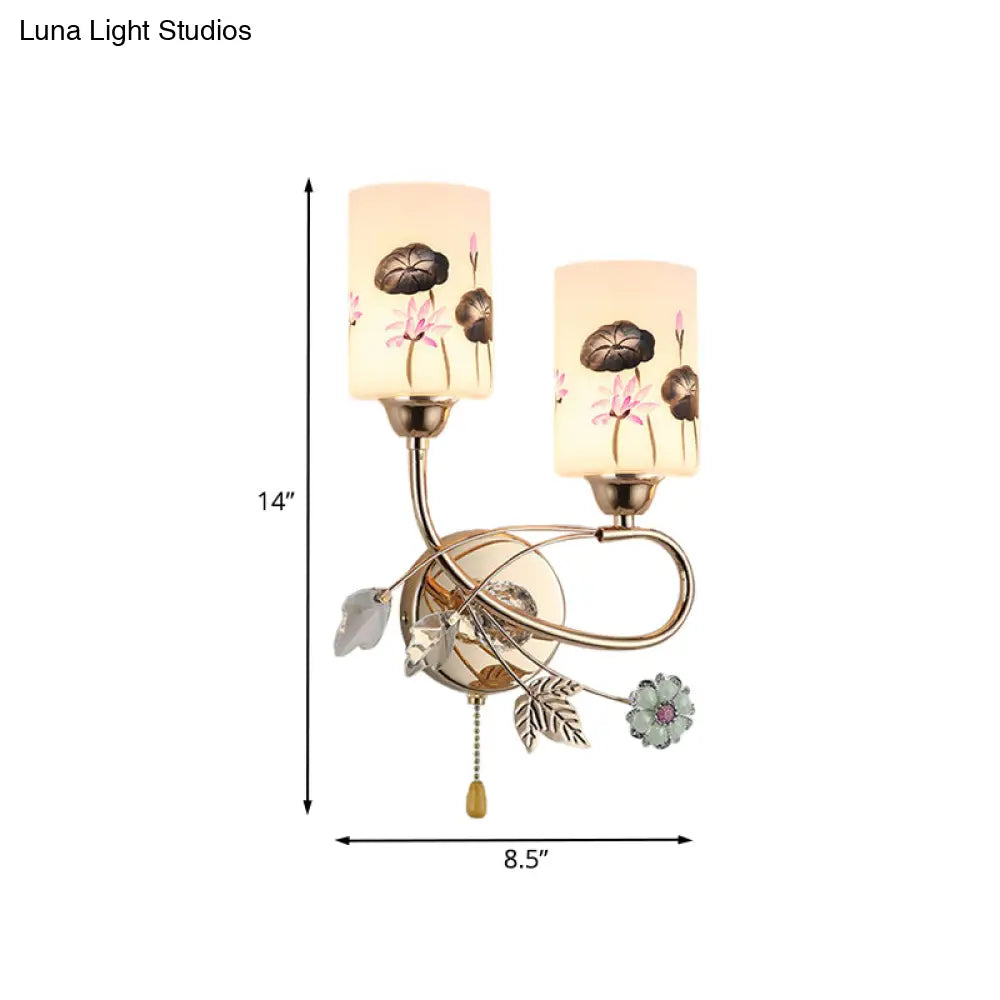 DecorBites™ Modern Lotus Glass Wall Sconce with Gold Finish and Pull Chain - 2 Head Cylinder Lamp