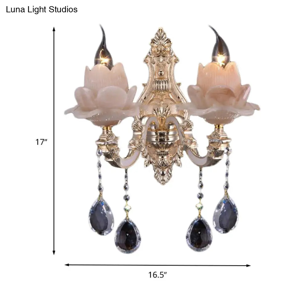 DecorBites™ Modern Lotus Wall Light Fixture with Milky Glass, Brass Sconce, and Teardrop Crystal Accent