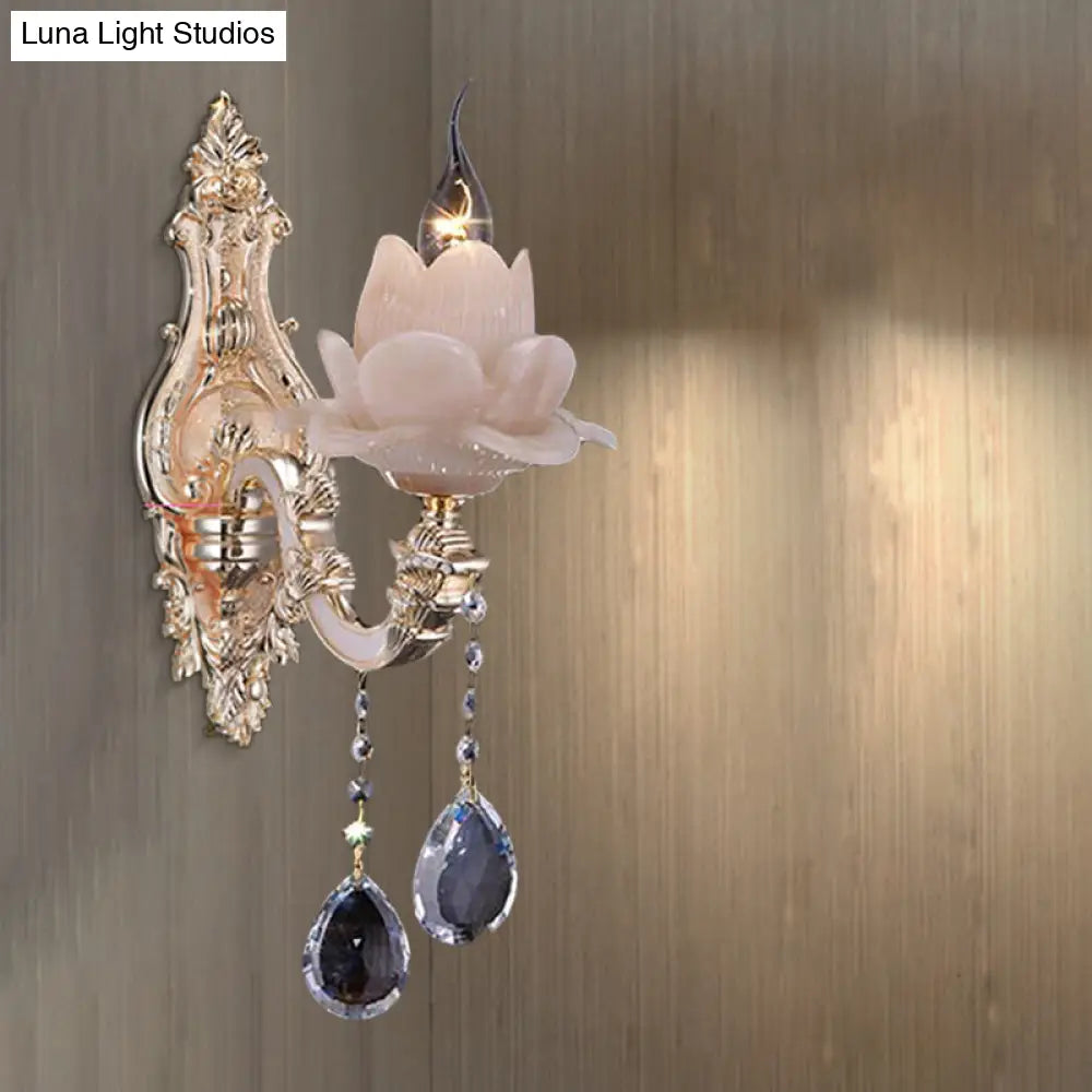 DecorBites™ Modern Lotus Wall Light Fixture with Milky Glass, Brass Sconce, and Teardrop Crystal Accent
