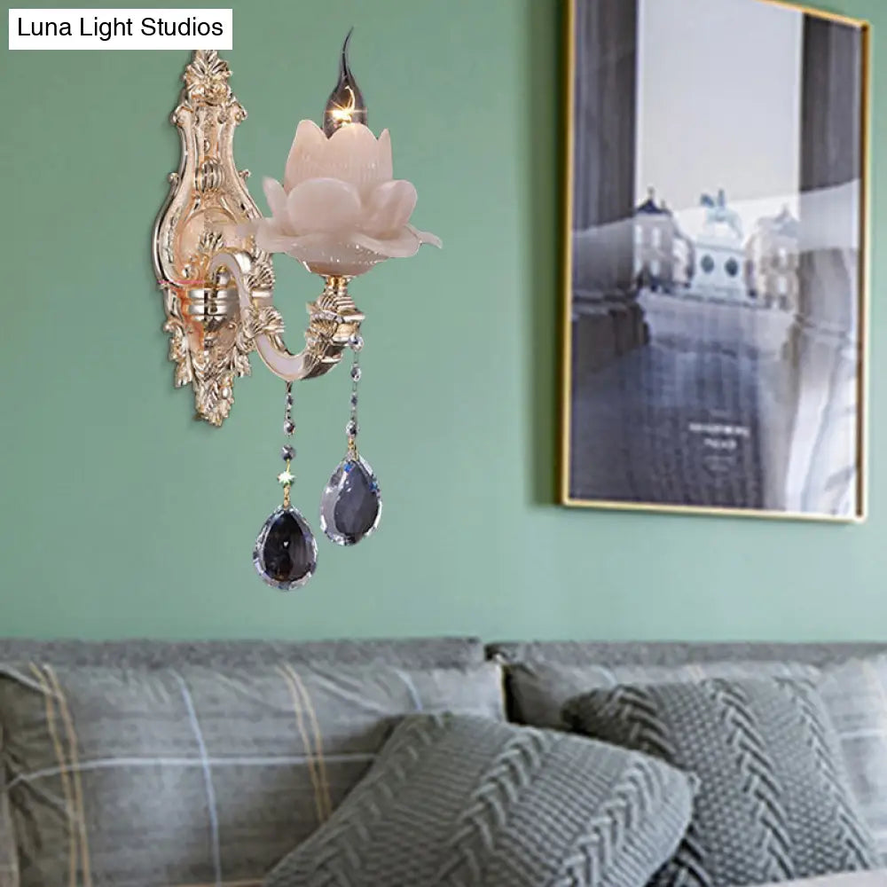 DecorBites™ Modern Lotus Wall Light Fixture with Milky Glass, Brass Sconce, and Teardrop Crystal Accent