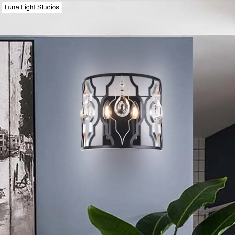 DecorBites™ Modern Metal Frame Black Wall Sconce with Crystal Droplets - Half-Cylinder Design, 2 Heads
