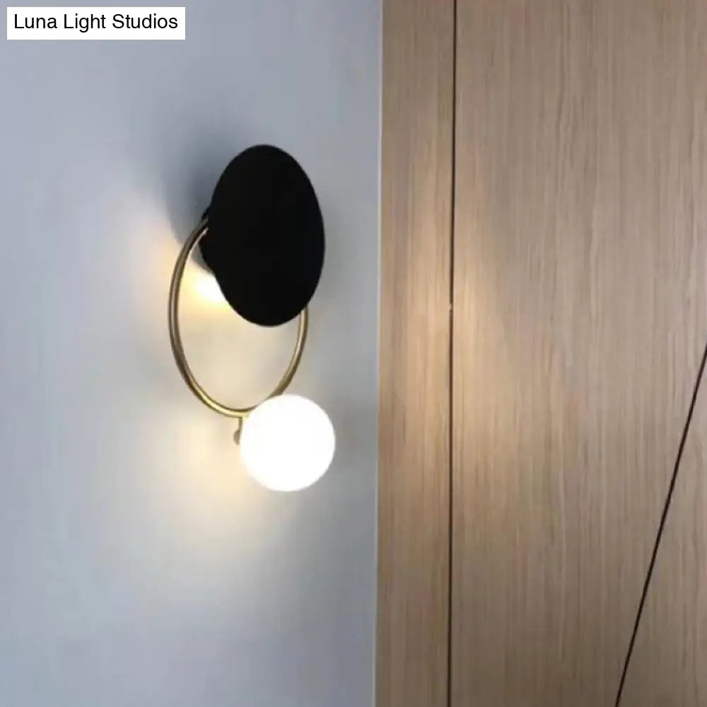 DecorBites™ Modern Metal Planet Wall Mount Lamp - 1 Light Black Finish, Opal Glass Fixture
