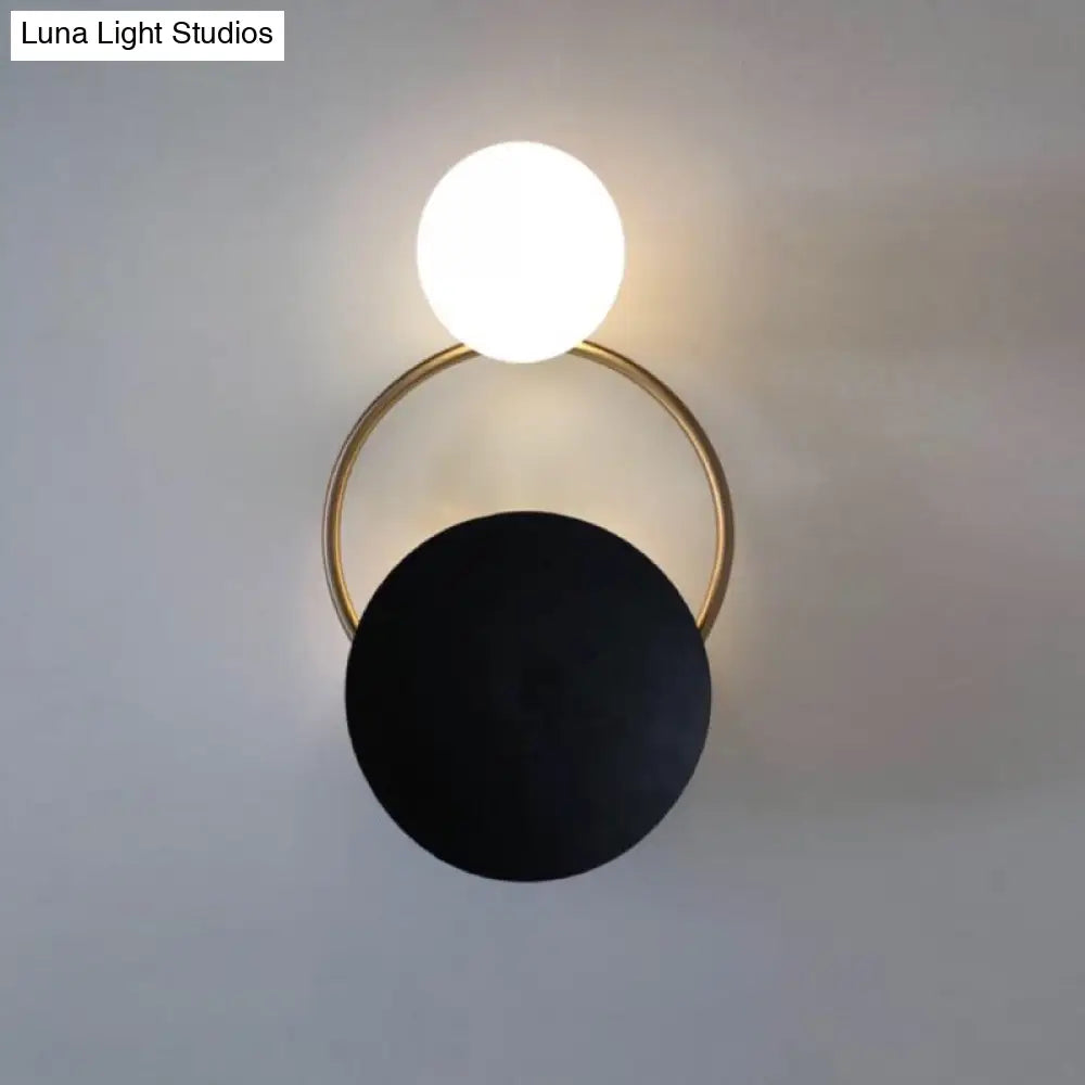 DecorBites™ Modern Metal Planet Wall Mount Lamp - 1 Light Black Finish, Opal Glass Fixture