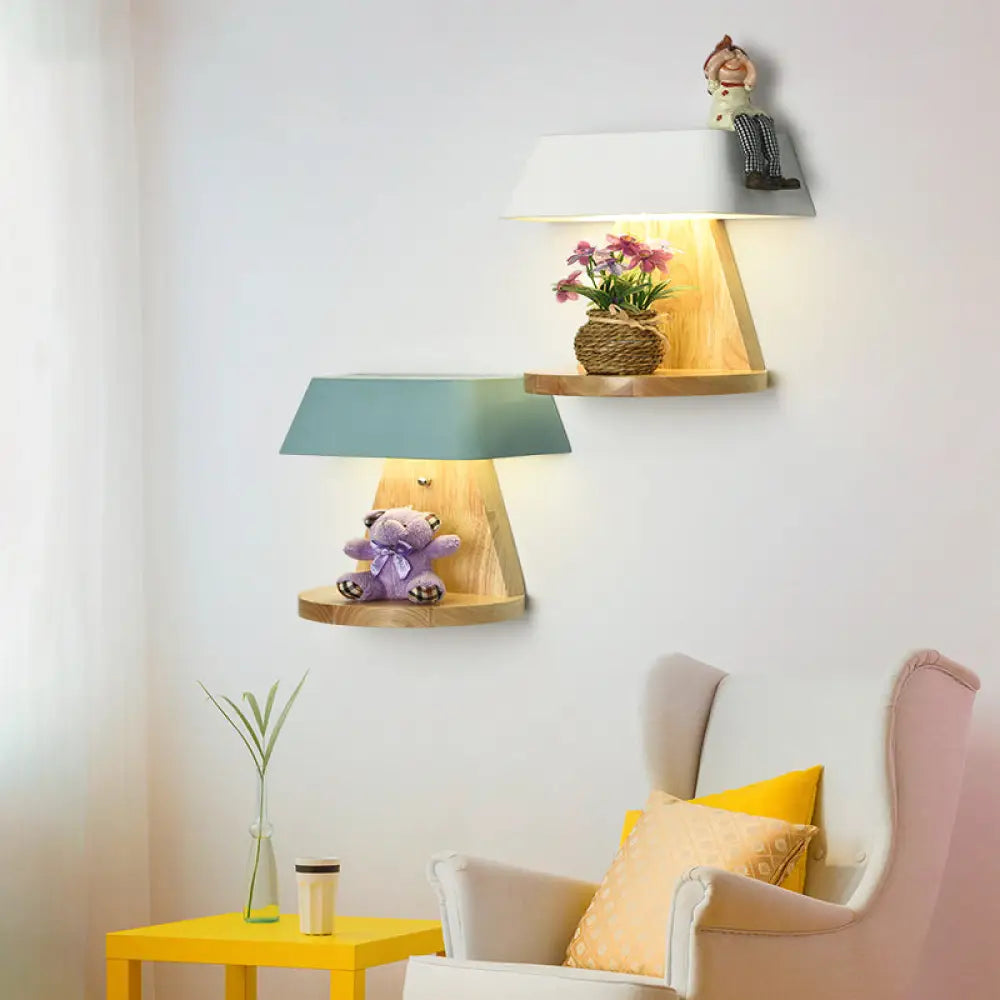 DecorBites™ Modern Metal Trapezoid Wall Sconce with Wooden Backplate - White/Orange/Blue Light Fixture for Living Room