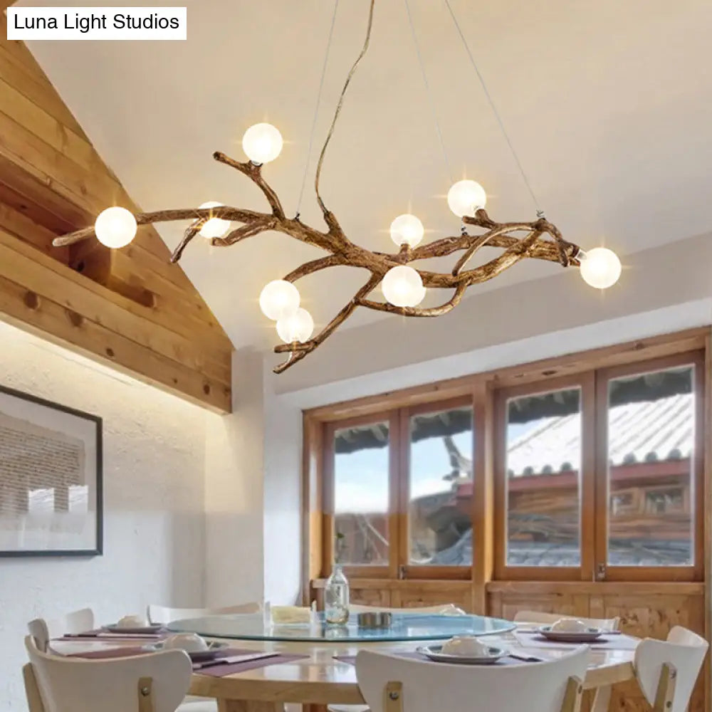 DecorBites™ Modern Metal Tree Branch Island Lighting Fixture with Art Deco Wood Suspension and Acrylic Ball Shade