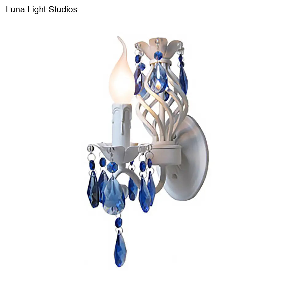 DecorBites™ Modern Metal Wall Light with Exposed Bulb, White Lamp with Blue Crystal Draping