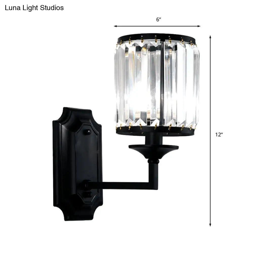 DecorBites™ Modern Metallic Cylinder Wall Lamp: 1 Light Sconce with Clear Crystal Prism in Black for Corridor