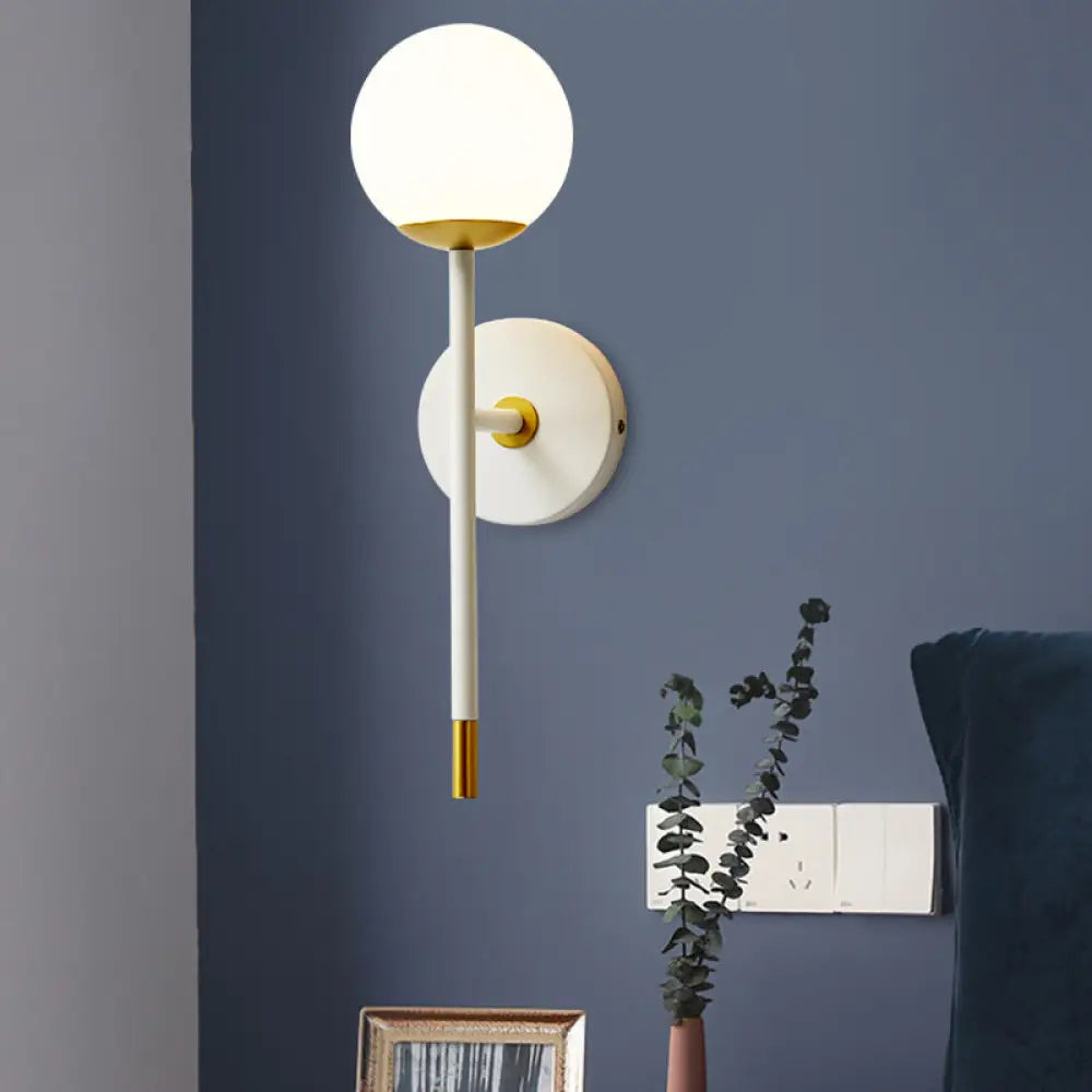 DecorBites™ Modern Milk Frosted Glass Wall Sconce in White-Brass - Long Arm Bedside Lamp Kit