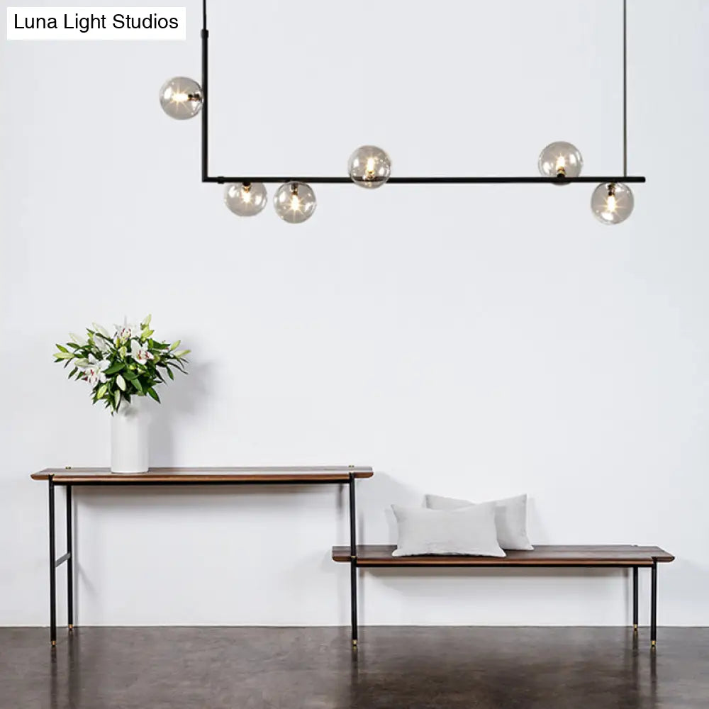 DecorBites™ Modern Minimalism Black Linear 6-Light Island Pendant Lighting with Sphere Glass Shade for Living Room.