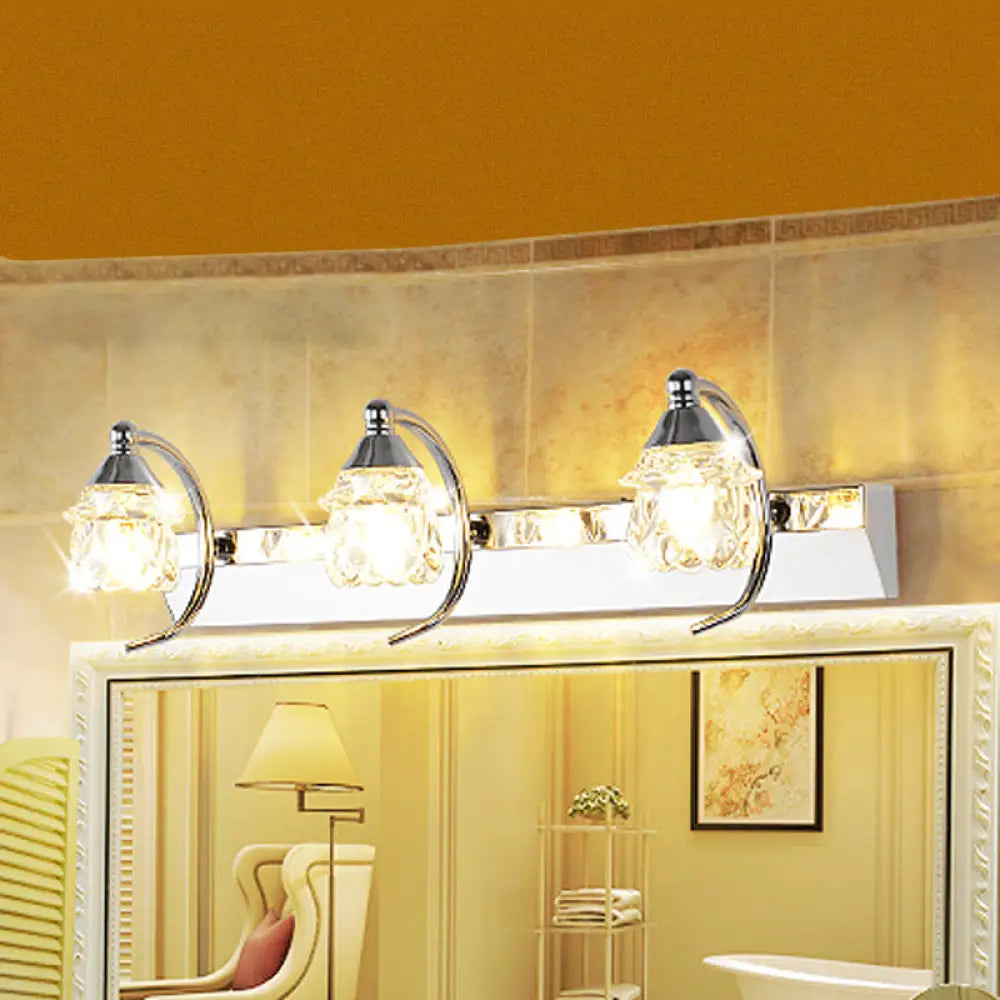 DecorBites™ Modern Mushroom Vanity Mirror Light - Clear Crystal 3-Light Bathroom Wall Lamp in Silver with Curved Arm - Warm/White Light