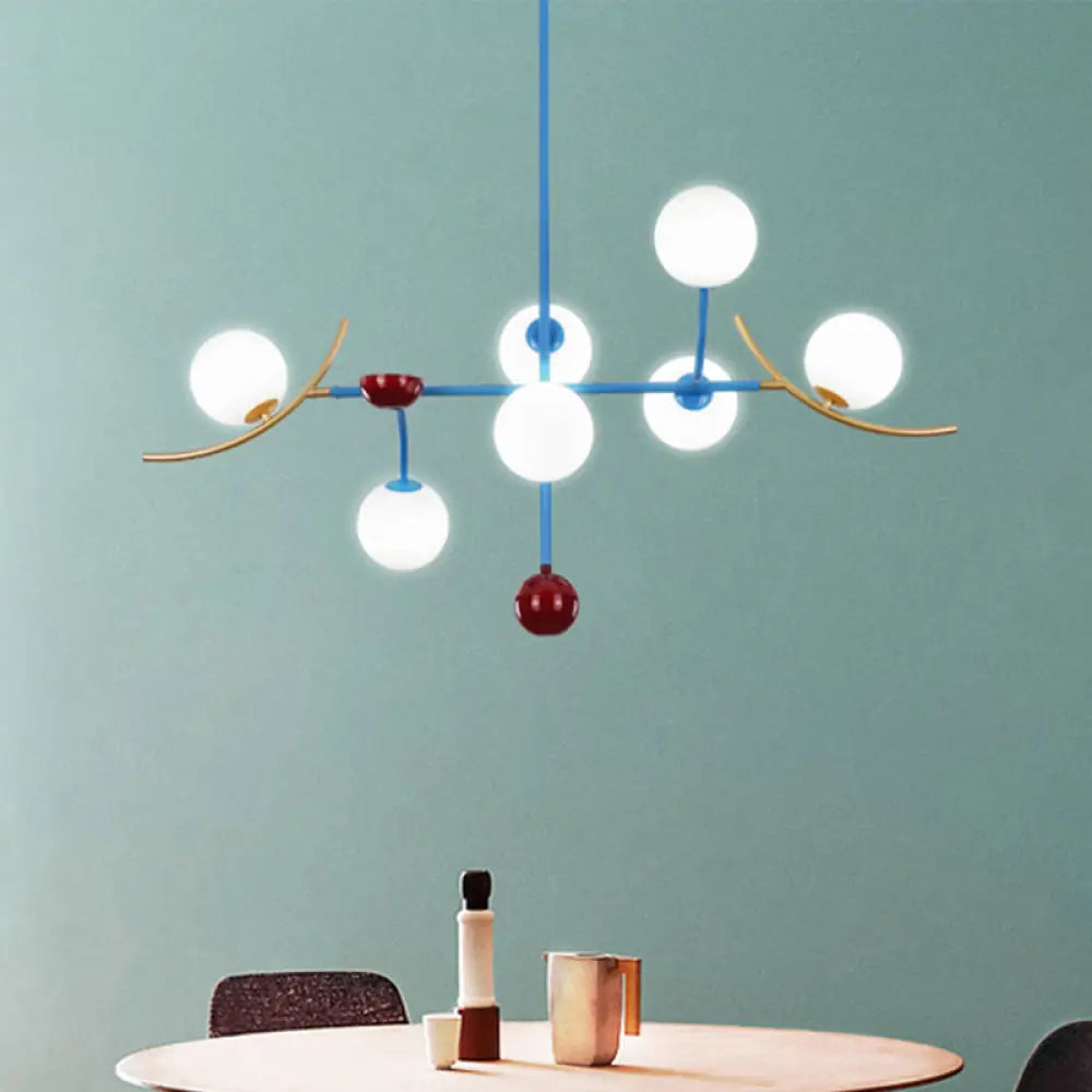 DecorBites™ Modern Opal Glass Ball Island Lighting- 7-Light Blue Finish Hanging Lamp Fixture for Dining Room