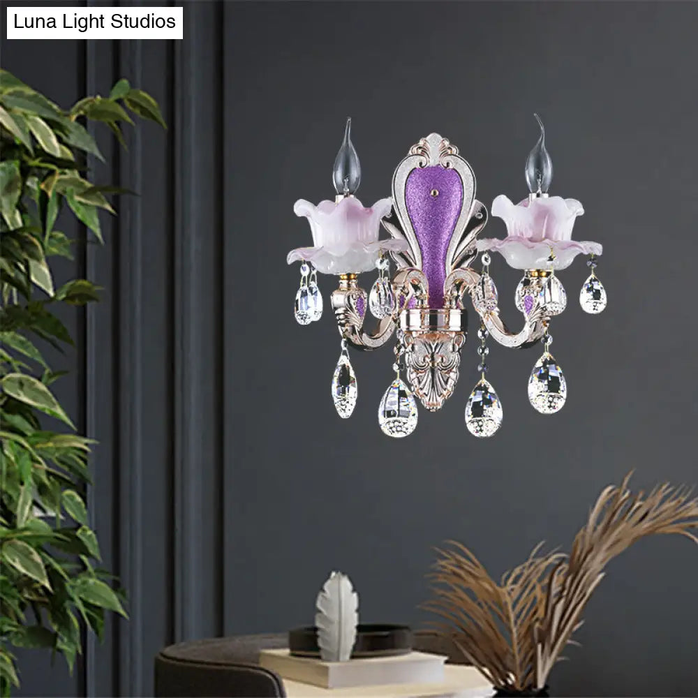 DecorBites™ Modern Purple Candelabra Wall Mount Light with Crystal Drop - 1/2 Lights Jade Sconce Fixture