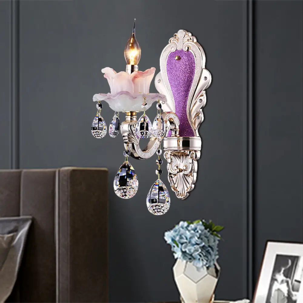 DecorBites™ Modern Purple Candelabra Wall Mount Light with Crystal Drop - 1/2 Lights Jade Sconce Fixture