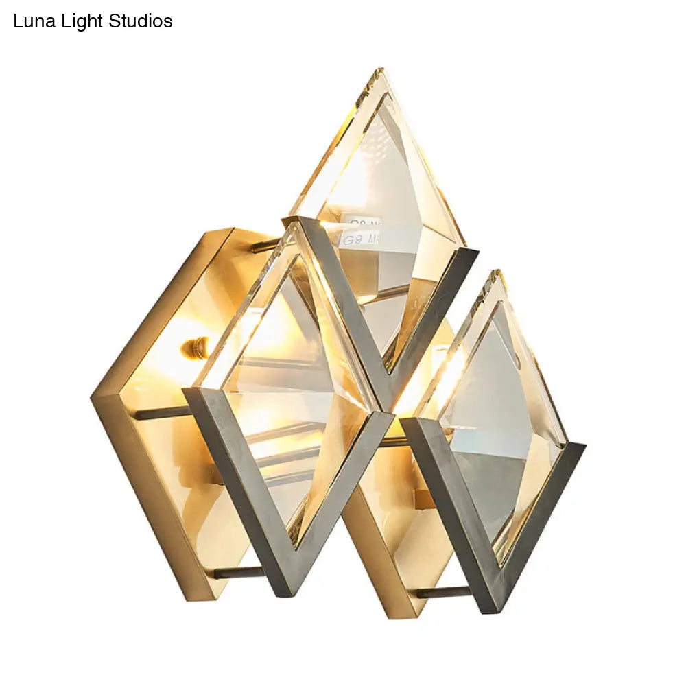 DecorBites™ Modern Rhombus Wall Sconce Light with Clear Crystal and Metal Accents - 3 Lights - Golden Finish