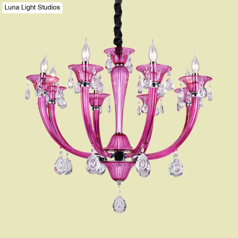 DecorBites™ Modern Rose Red Glass Chandelier with Crystal Draping - 8-Light Chrome Pendant for Living Room