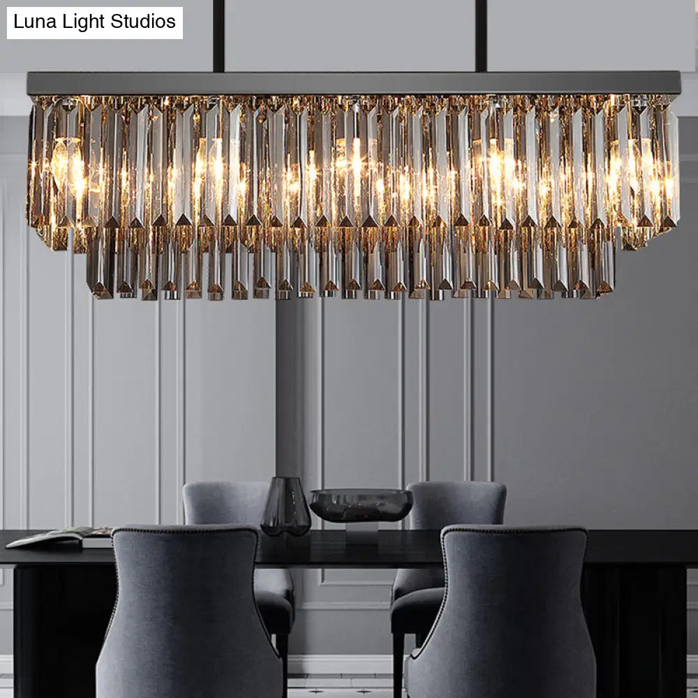 DecorBites™ Modern Smoke Gray Crystal Block Island Lamp Chandelier - 10 Lights, Rectangle Shape, 31.5"/39" Wide, Black-Hanging