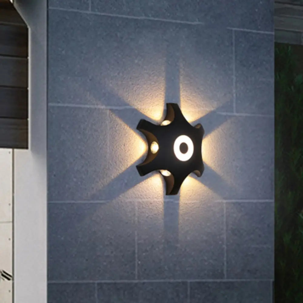 DecorBites™ Modern Snowflake Outdoor LED Wall Light- Plastic, 6-Bulb Flush Mount Sconce in Black- Warm/White Light