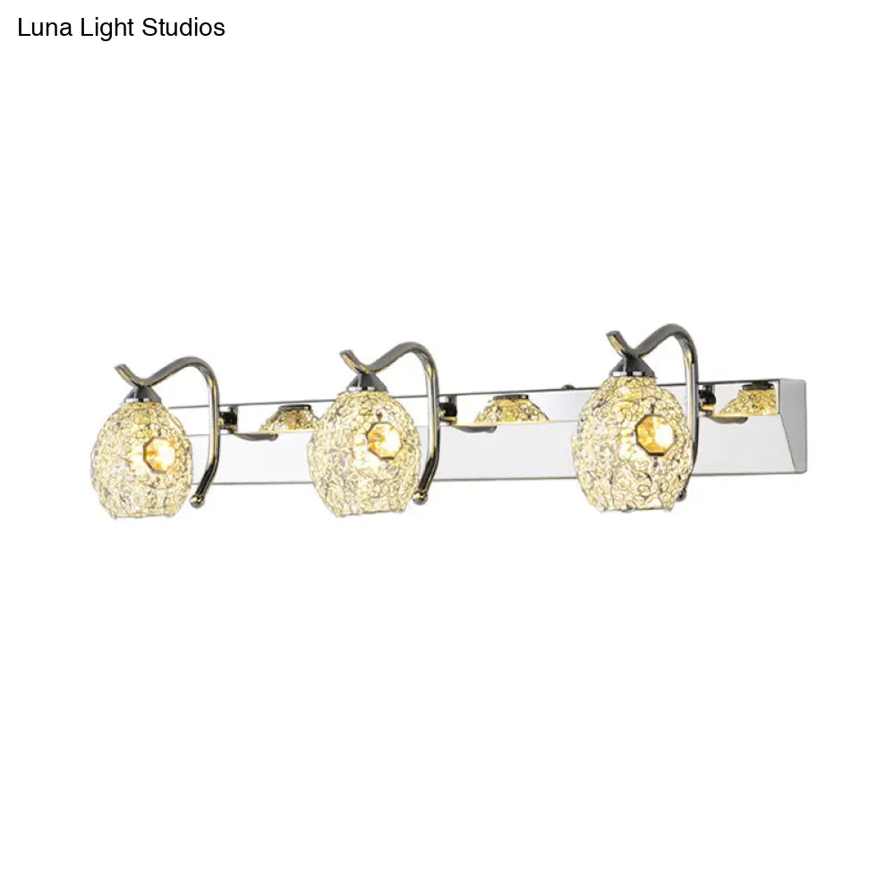 DecorBites™ Modern Stainless Steel Domed Wall Light with 3 Heads, Silver Vanity Lamp and Clear Crystal Accent, Warm/White Light