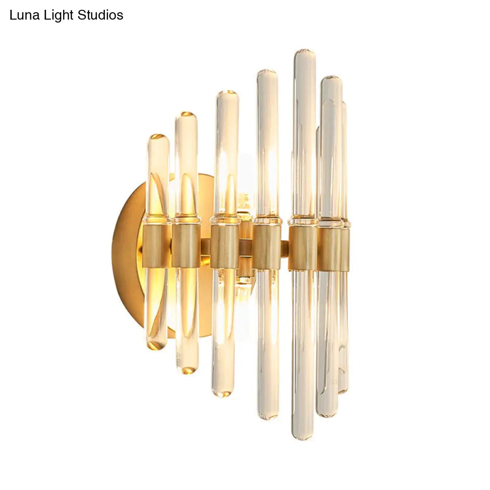 DecorBites™ Modern Style Gold Wall Sconce with Clear Crystal Accents - Tubular Design, 2 Bulbs - Living Room Light Fixture