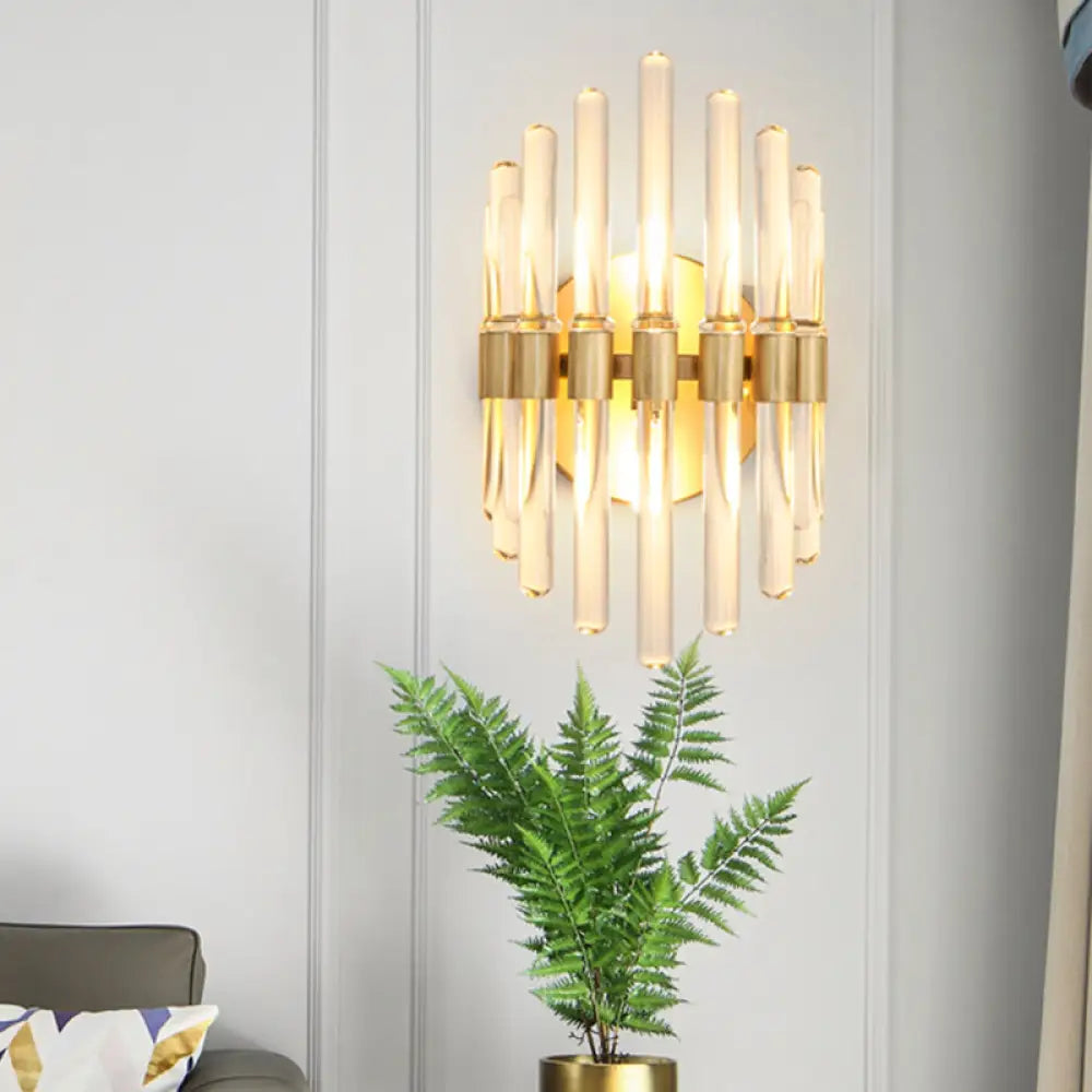 DecorBites™ Modern Style Gold Wall Sconce with Clear Crystal Accents - Tubular Design, 2 Bulbs - Living Room Light Fixture