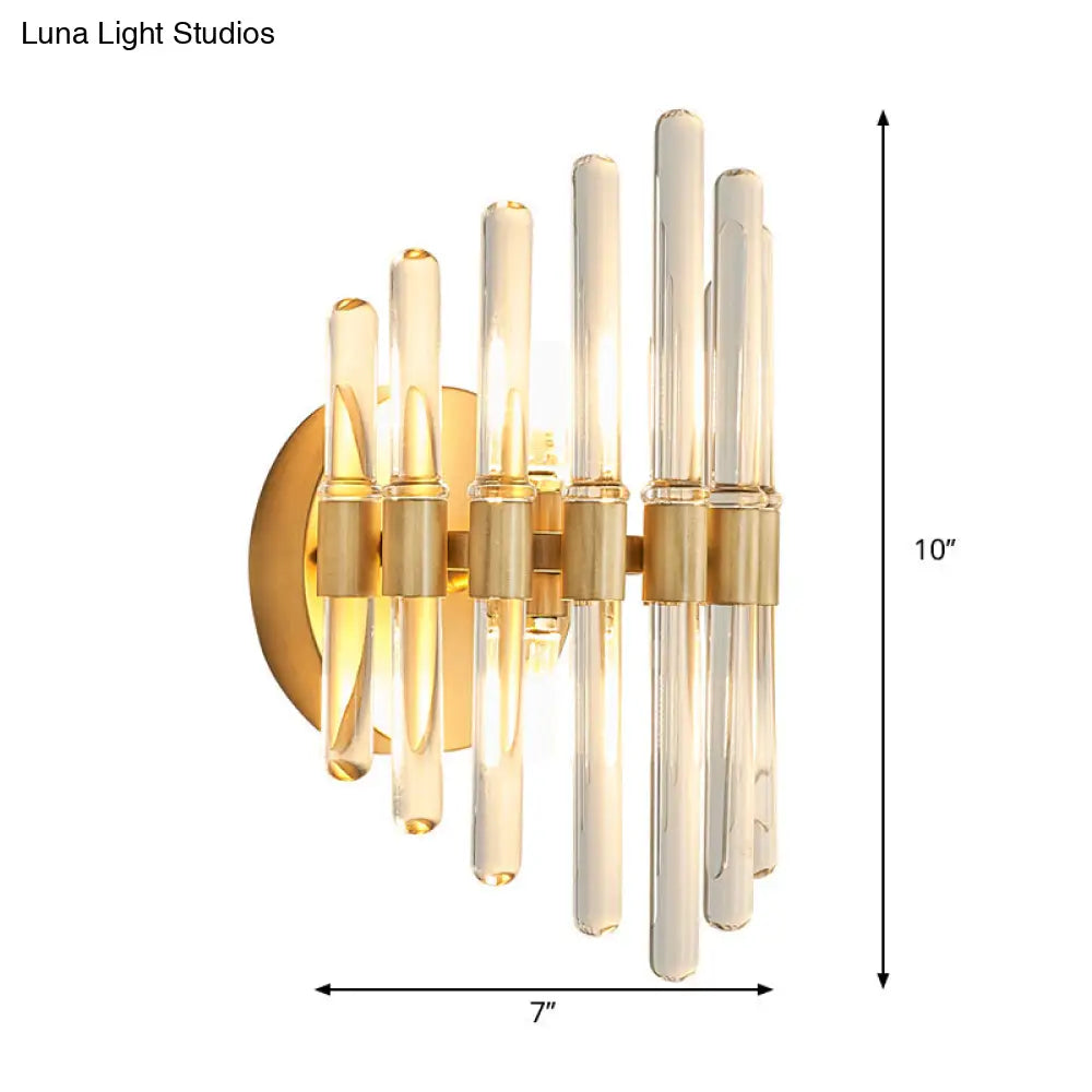 DecorBites™ Modern Style Gold Wall Sconce with Clear Crystal Accents - Tubular Design, 2 Bulbs - Living Room Light Fixture