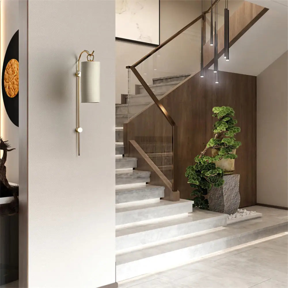 DecorBites™ Modern Tube Sconce Lighting with Green/White Fabric Shade - 1 Light Living Room Lighting in Black/Gold