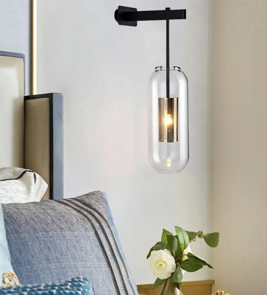 DecorBites™ Modern Wall Mounted Clear Glass Cylinder Sconce Light Fixture - 1 Light, Black/Gold