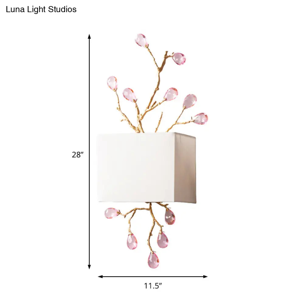 DecorBites™ Modern White Fabric Square Wall Mount Lamp with Pink Crystal Accent - 2 Lights Sconce