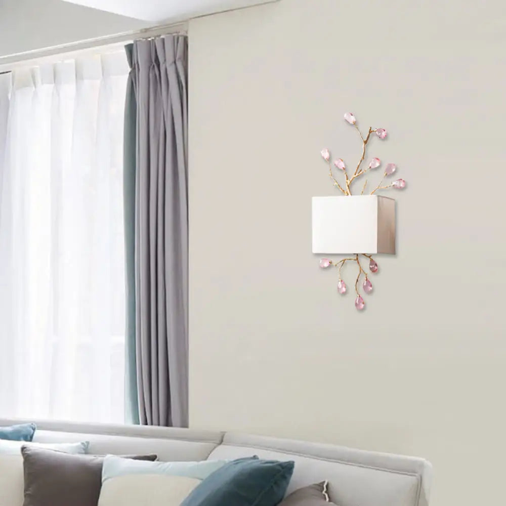 DecorBites™ Modern White Fabric Square Wall Mount Lamp with Pink Crystal Accent - 2 Lights Sconce