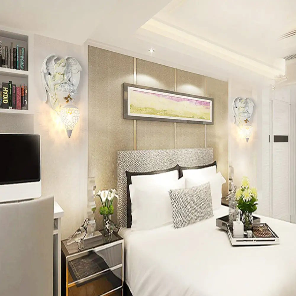 DecorBites™ Modern White Resin Bedroom Angel Wall Light with Crystal Shade