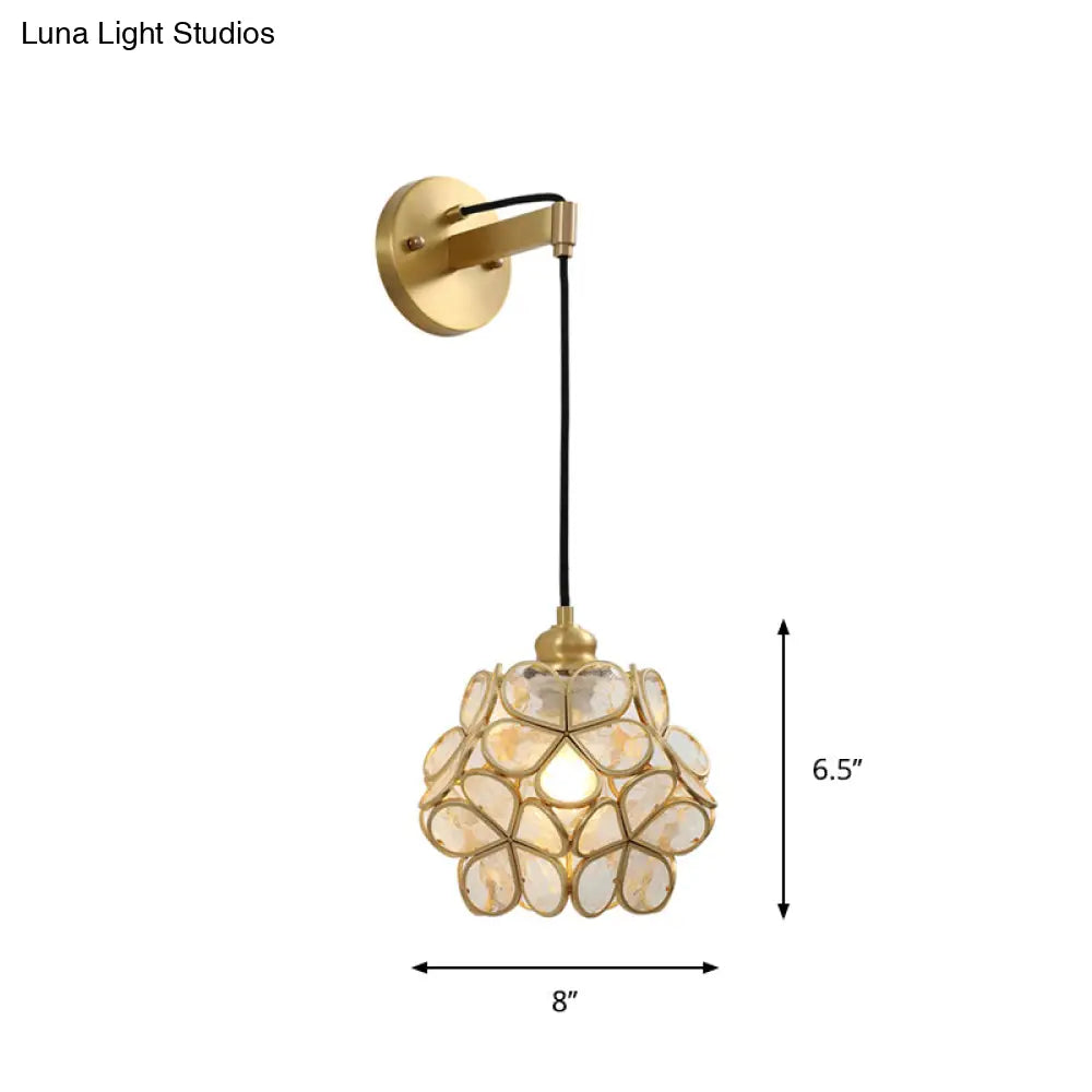DecorBites™ Modernist 1-Bulb Bedside Sconce Light: Brass Floral Ball Wall Lamp with Glass Shades (Pink/Clear/Light Pink)