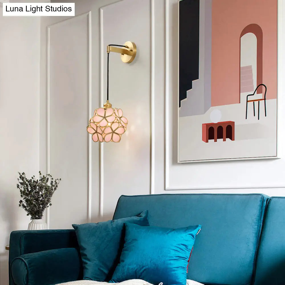 DecorBites™ Modernist 1-Bulb Bedside Sconce Light: Brass Floral Ball Wall Lamp with Glass Shades (Pink/Clear/Light Pink)