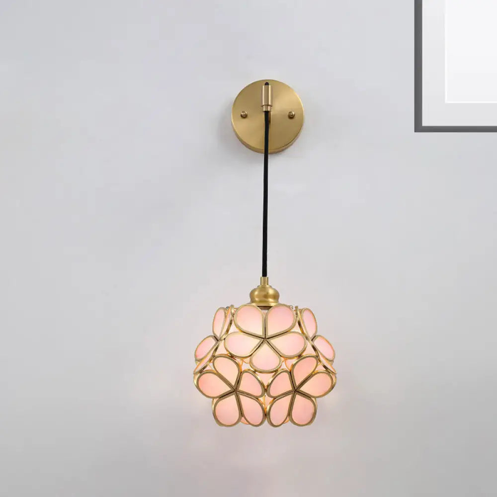 DecorBites™ Modernist 1-Bulb Bedside Sconce Light: Brass Floral Ball Wall Lamp with Glass Shades (Pink/Clear/Light Pink)