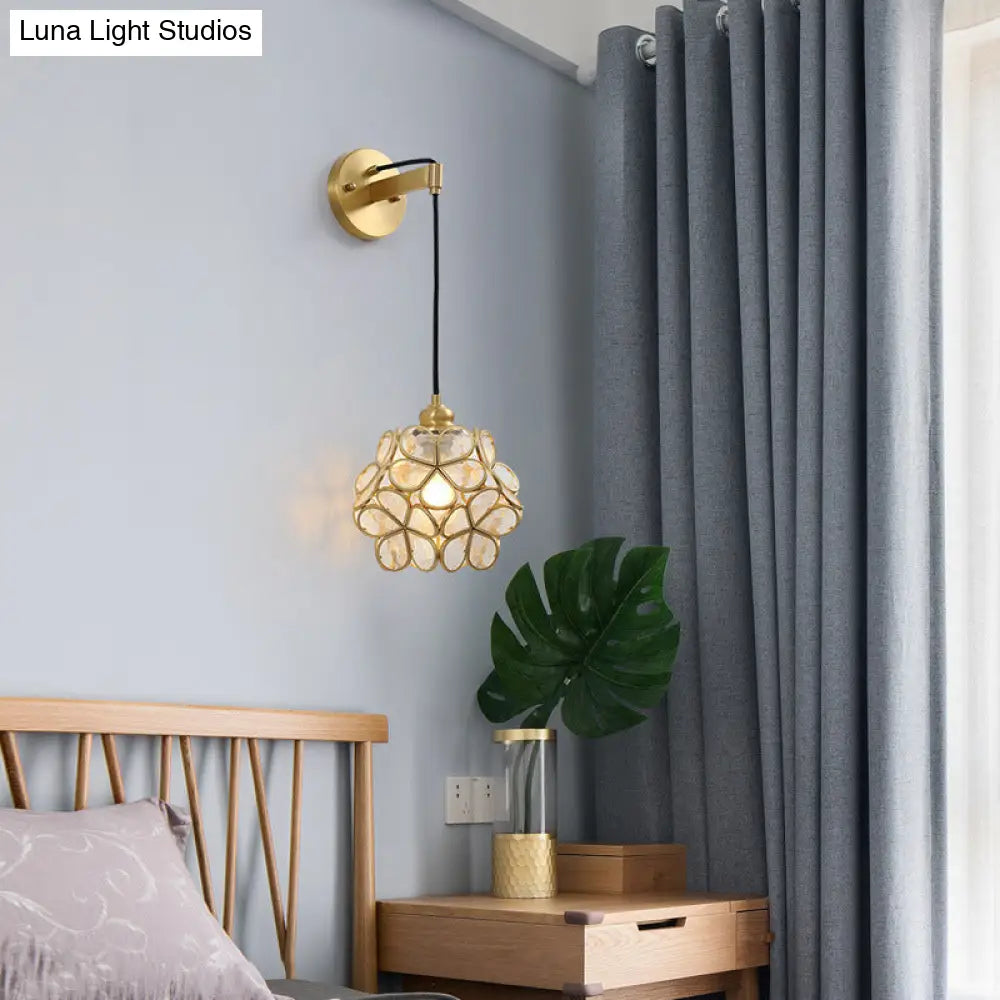 DecorBites™ Modernist 1-Bulb Bedside Sconce Light: Brass Floral Ball Wall Lamp with Glass Shades (Pink/Clear/Light Pink)